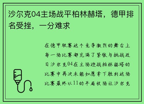 沙尔克04主场战平柏林赫塔，德甲排名受挫，一分难求